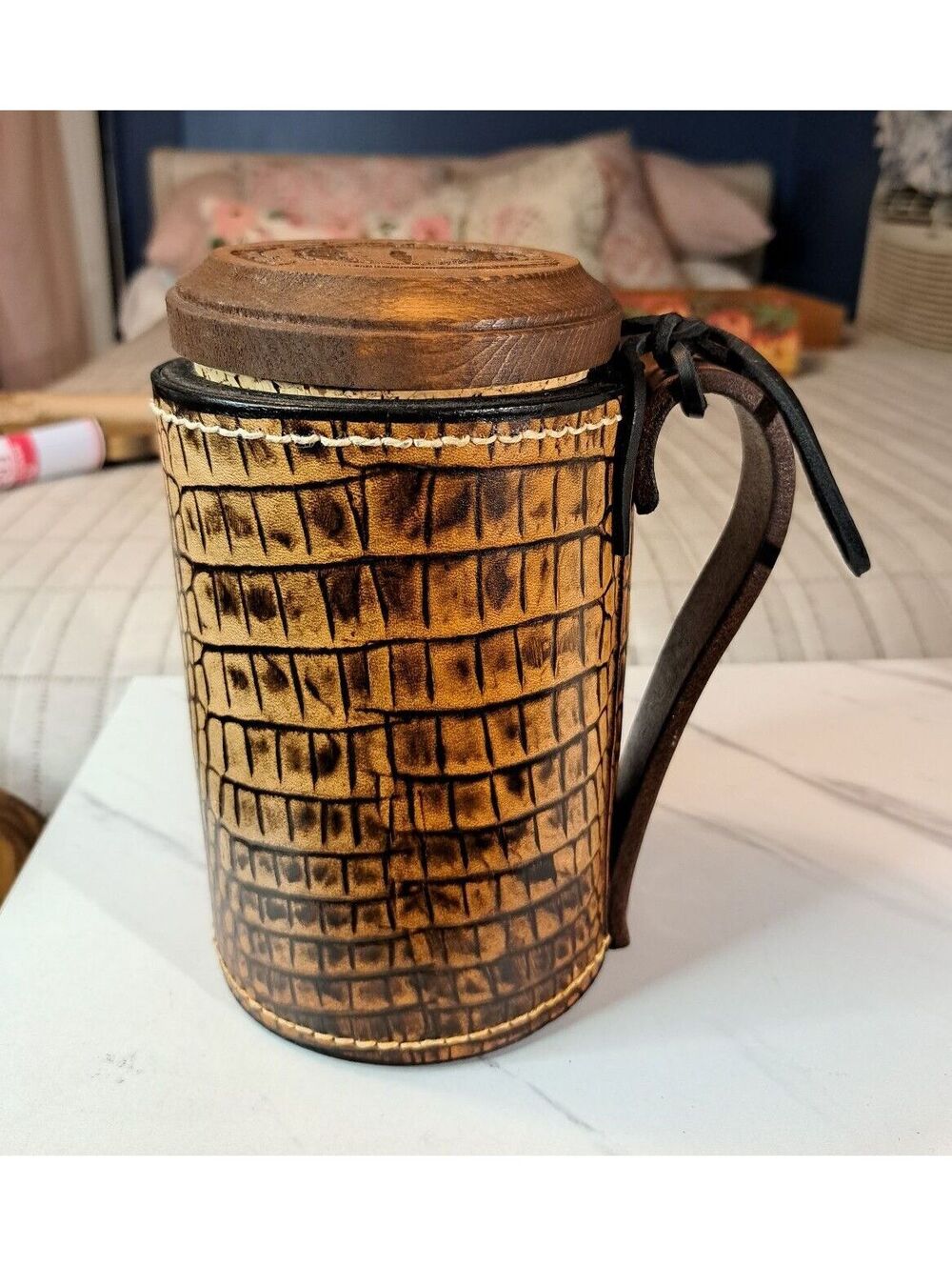 Handcrafted Alligator Textured Leather Drinking Tankard Renfest Elandah Leather